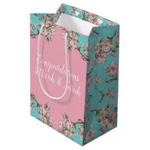 Sac Cadeau Moyen Baby shower Vintage rétro Turquoise Cherry Blossom