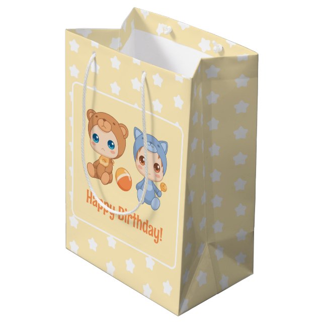Sac Cadeau Moyen Baby Twins Anniversaire Chat Ours Jaune (Dos Angle)