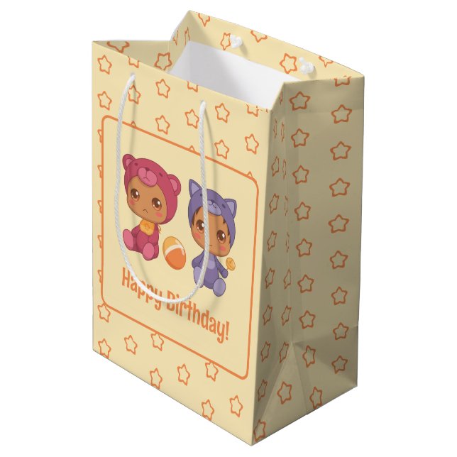 Sac Cadeau Moyen Baby Twins Anniversaire Chat Ours Jaune Foncé (Dos Angle)
