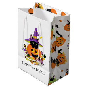 Sac Cadeau Moyen Baguette de bonbon de chat noir d'Halloween Mignon