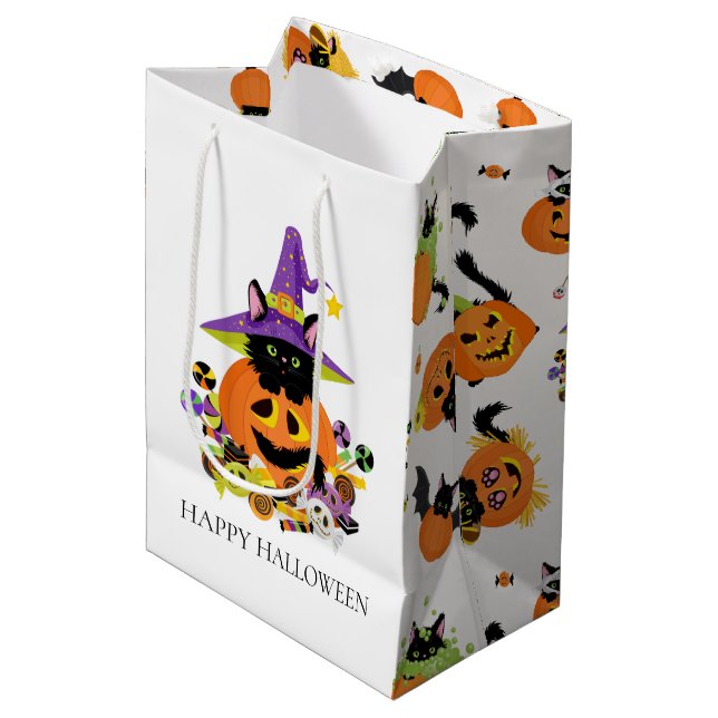 Sac Cadeau Moyen Baguette de bonbon de chat noir d'Halloween Mignon (Devant Angle)