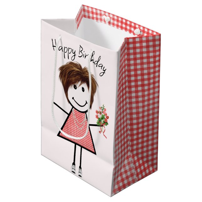 Sac Cadeau Moyen Baguette Figurant Fille Avec Bouquet Anniversaire (Devant Angle)