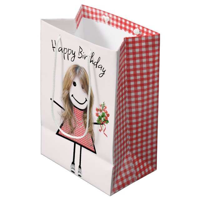 Sac Cadeau Moyen Baguette Figurant Fille Avec Bouquet Anniversaire (Devant Angle)