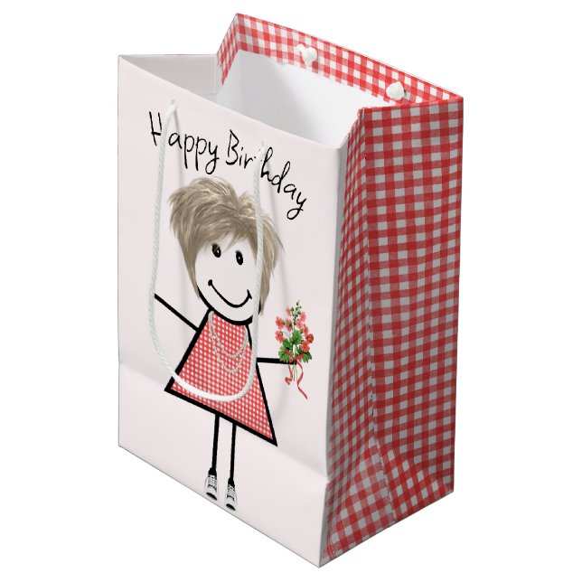 Sac Cadeau Moyen Baguette Figurant Fille Avec Bouquet Anniversaire (Devant Angle)