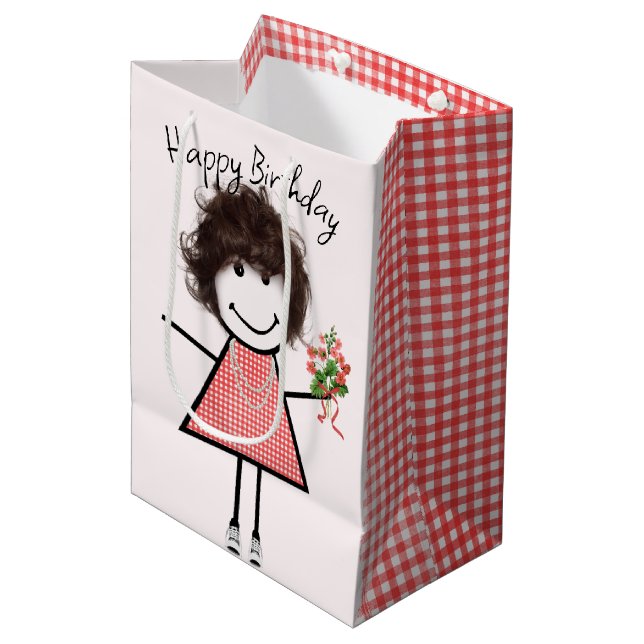 Sac Cadeau Moyen Baguette Figurant Fille Avec Bouquet Anniversaire (Devant Angle)