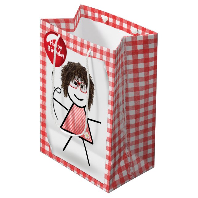 Sac Cadeau Moyen Baguette Figure Girl avec Ballons d'Anniversaire R (Devant Angle)
