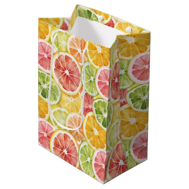 Sac Cadeau Moyen Baie Verte Orange Rose Fruité Baby Shower (Devant Angle)