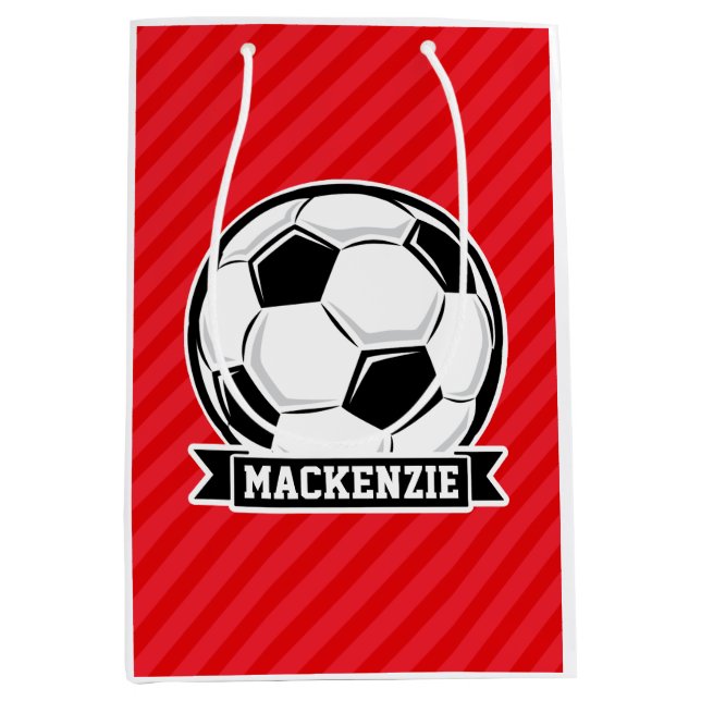 Sac Cadeau Moyen Balle de soccer sur bandes diagonales rouges (Devant)