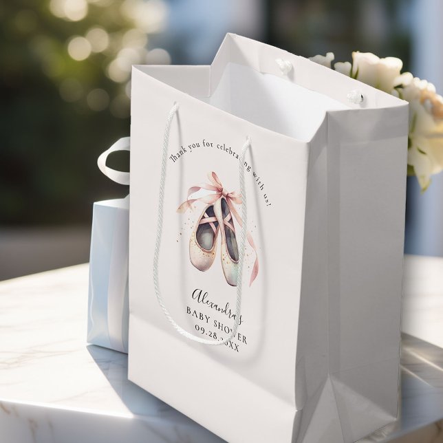 Sac Cadeau Moyen Ballerina Chaussures Bow rose or bébé fille douche (ballerina gift bag ballet shoes pointe dance pink faux gold glitter elegant watercolor)