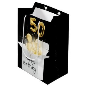 Sac Cadeau Moyen Ballons d'anniversaire 50 ans en or en boîte