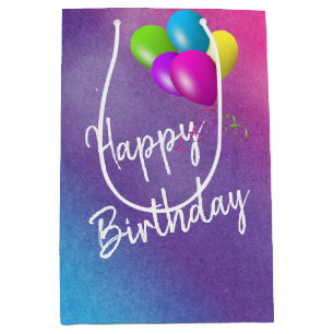 Sac Cadeau Moyen Ballons D'Anniversaire Sur Aquarelle Arc-En-Ciel