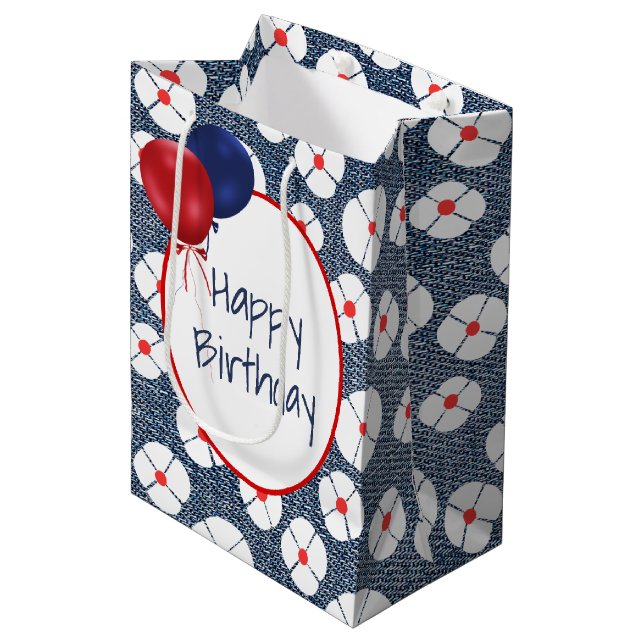 Sac Cadeau Moyen Ballons d'anniversaire sur Denim Floral Moyen Cade (Devant Angle)