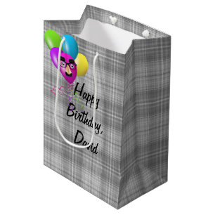 Sac Cadeau Moyen Ballons D'Anniversaire Sur Plaid Gris