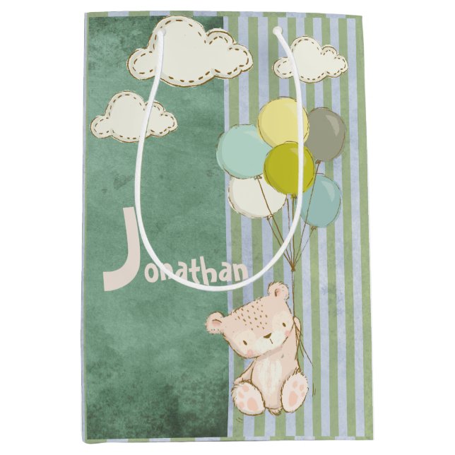 Sac Cadeau Moyen Ballons d'ours blanc Vert mignon Bandes Enfants (Devant)