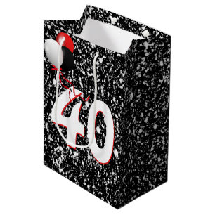 Sac Cadeau Moyen Ballons pour 40 ans sur fond de paillettes noires