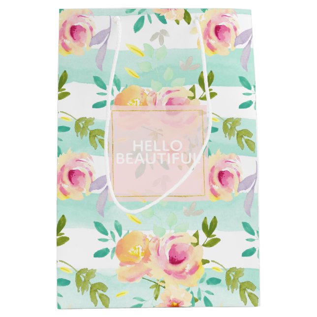 Sac Cadeau Moyen Bandes de menthe Floral Chic (Devant)