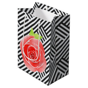 Sac Cadeau Moyen Bandes noires et blanches Roses rouges Floral