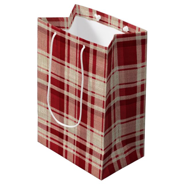 Sac Cadeau Moyen Bandes Plaid Crème Rouge (Devant Angle)