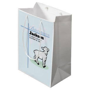 Sac Cadeau Moyen Baptême Agneau Garçon Bleu, Personnalisable