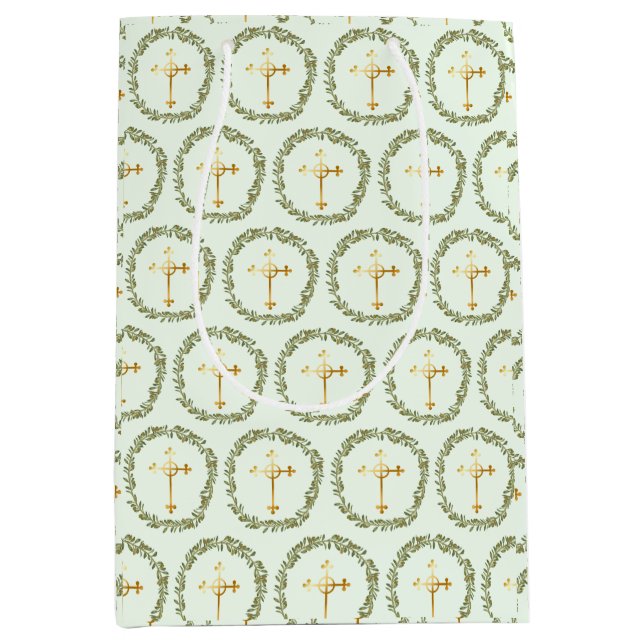 Sac Cadeau Moyen Baptême couronne d'olive et Croix d'or (Devant)