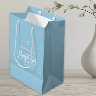Sac Cadeau Moyen Baptême de garçon bleu moderne 