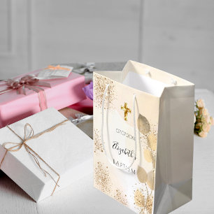 Sac Cadeau Moyen Baptême eucalyptus parties scintillant or monogram