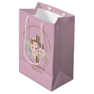 Sac Cadeau Moyen Baptême personnalisé et croix florale