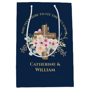 Sac Cadeau Moyen Baptême personnalisé et croix florale