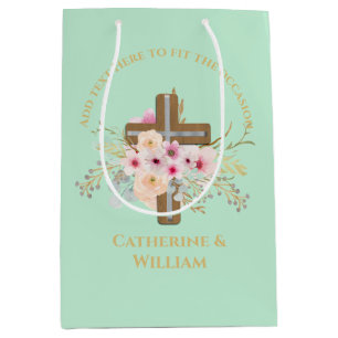 Sac Cadeau Moyen Baptême personnalisé et croix florale