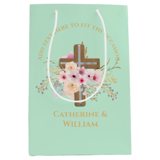 Sac Cadeau Moyen Baptême personnalisé et croix florale (Devant)