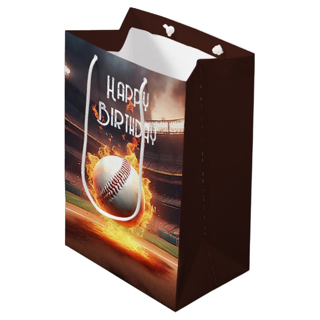 Sac Cadeau Moyen Baseball d'anniversaire en feu (Devant Angle)