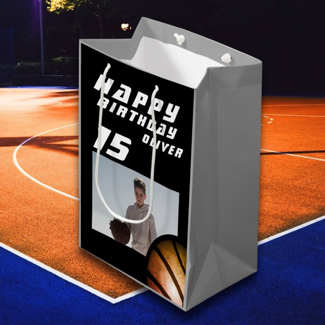 Sac Cadeau Moyen Basketball Boy Photo Joyeux Anniversaire (Créateur téléchargé)