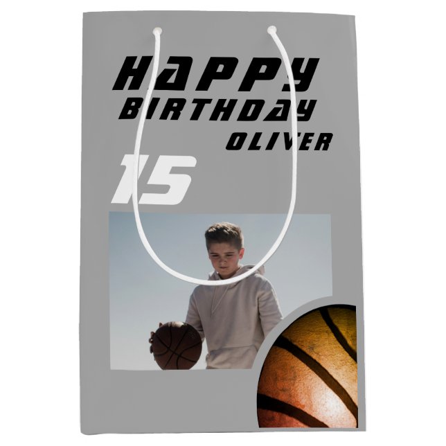 Sac Cadeau Moyen Basketball Boy Photo Joyeux Anniversaire (Devant)