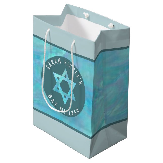 Sac Cadeau Moyen Bat mitzvah Bleu Opal Magen David Personnalisé (Devant Angle)