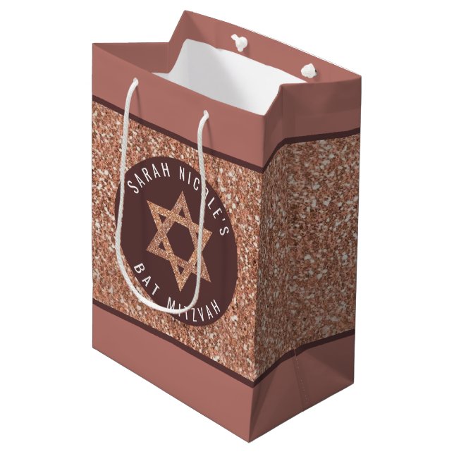 Sac Cadeau Moyen Bat mitzvah Rose Gold Magen David Personnalisé (Devant Angle)
