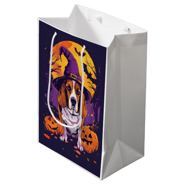 Sac Cadeau Moyen Beagle éffrayant Halloween Witch Et Citrouille (Devant Angle)