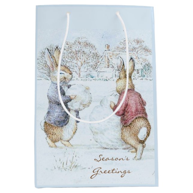 Sac Cadeau Moyen Beatrix Potter Snowman et Bunnies Holiday (Devant)
