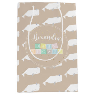 Sac Cadeau Moyen Beau Baby shower baleine blanche Beige neutre