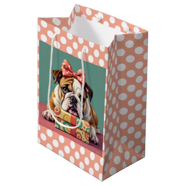 Sac Cadeau Moyen Beau Bulldog Anniversaire Polka Dot (Devant Angle)