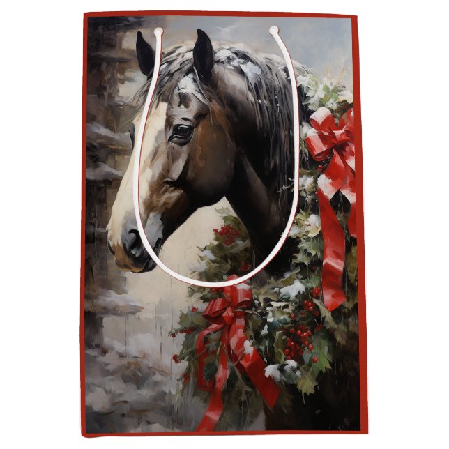 Sac Cadeau Moyen Beau Cheval avec Wreath hiver Noël (Devant)
