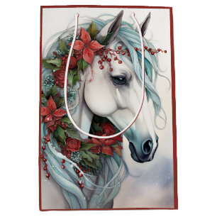 Sac Cadeau Moyen Beau Cheval Blanc avec Fleurs Rouges Noël