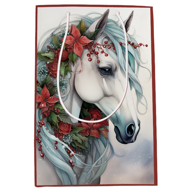 Sac Cadeau Moyen Beau Cheval Blanc avec Fleurs Rouges Noël (Devant)