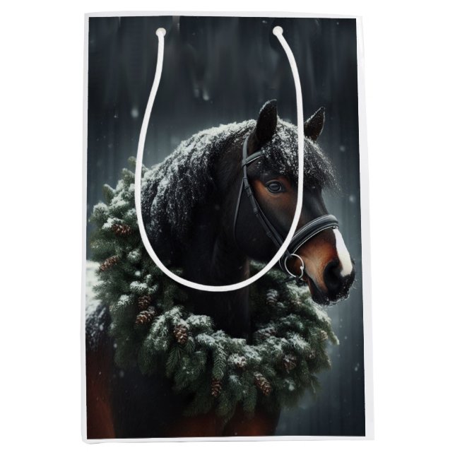 Sac Cadeau Moyen Beau Cheval Blanc Noir Equestre Animal Amour (Devant)