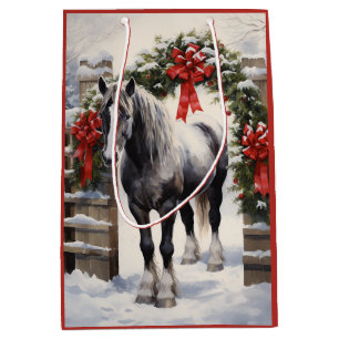 Sac Cadeau Moyen Beau Cheval gris avec Garland d'hiver Noël