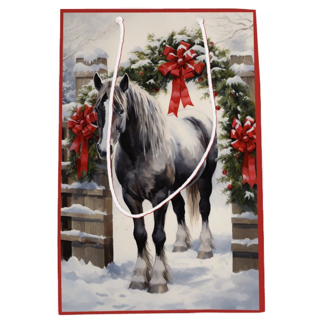 Sac Cadeau Moyen Beau Cheval gris avec Garland d'hiver Noël (Devant)