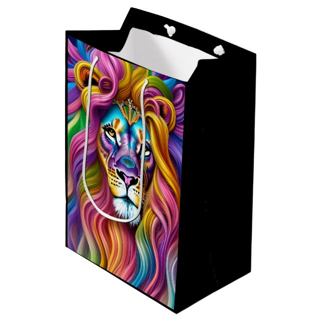 Sac Cadeau Moyen Beau Lion avec Main Colorée (Devant Angle)