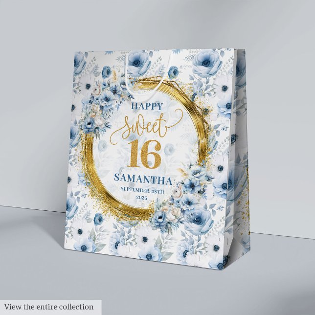 Sac Cadeau Moyen Beau Pastel Blue Sweet 16 Parties scintillant d'or (Beautiful Pastel Blue Sweet 16 Gold Glitter Bags)