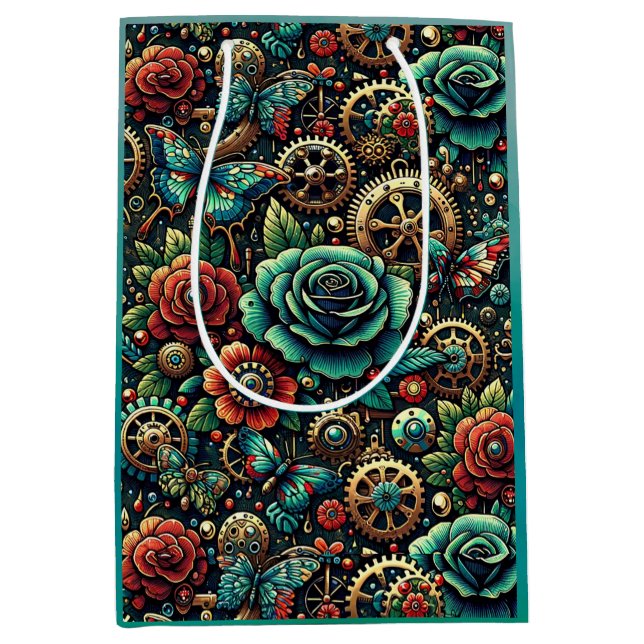 Sac Cadeau Moyen Beau Steampunk Gears à thème et Roses (Devant)