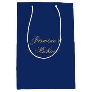 Sac Cadeau Moyen Beaux Noms De Couple Calligraphie Chic Bleu & Or