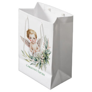 Sac Cadeau Moyen Bébé ange à l'aquarelle Ailes de plume Baptême